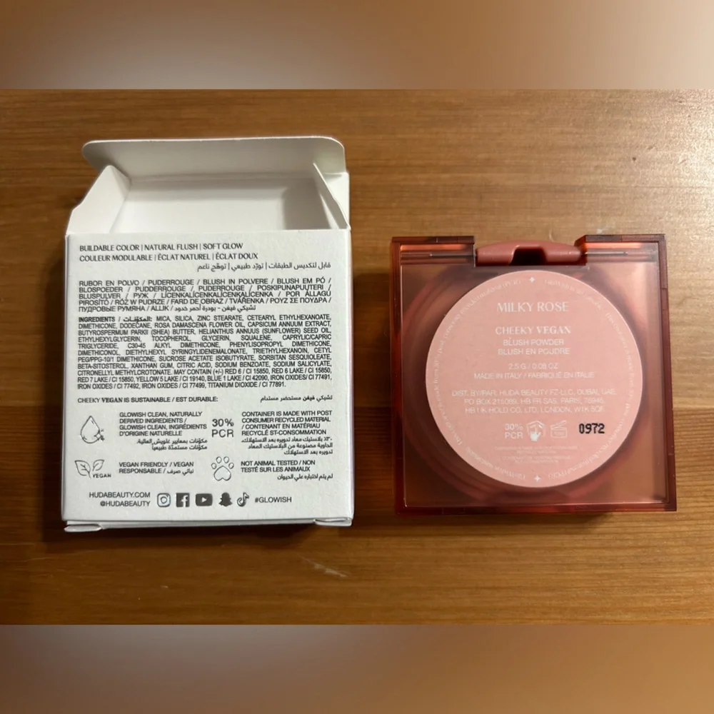 Huda Beauty GloWish Cheeky Vegan Blush Powder in milky rose 01 Soft nude pink